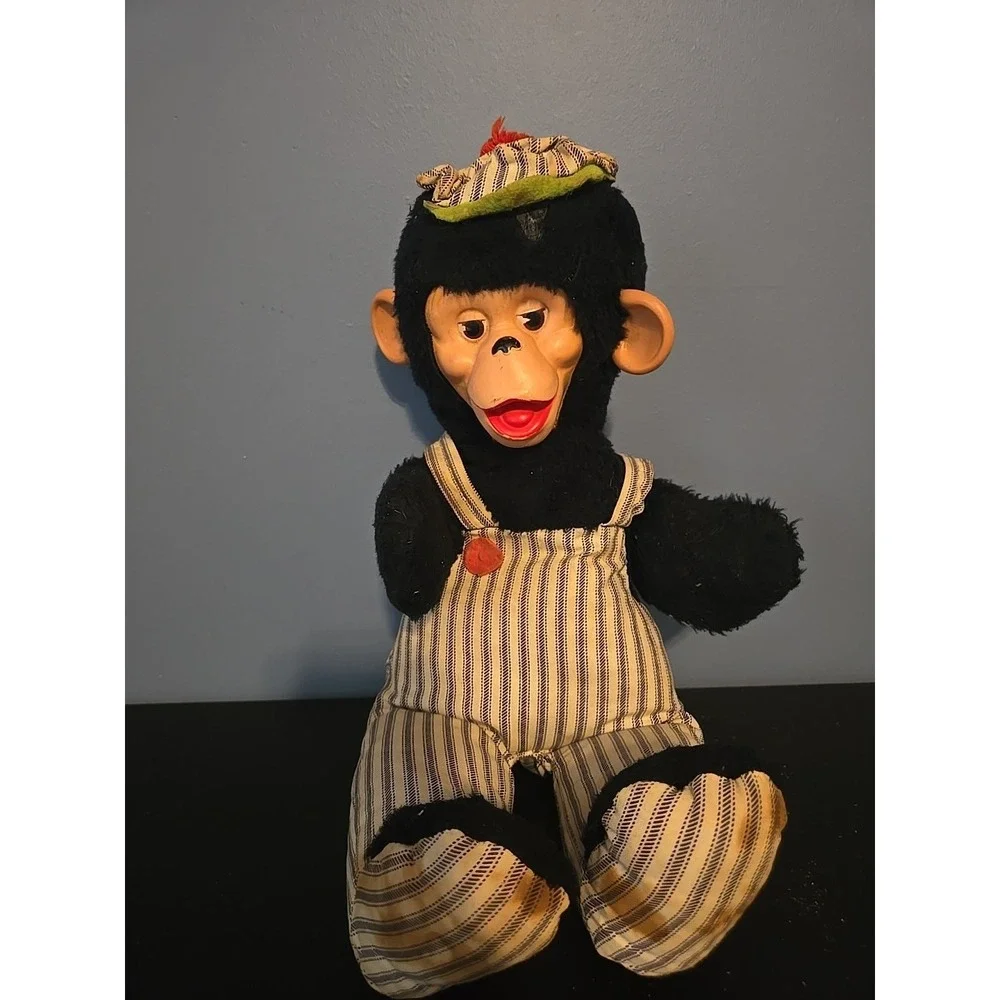 Gund Vtg Chimpanzee Rubber‎ Face Plush  Blue Overalls Monkey Train Conductor